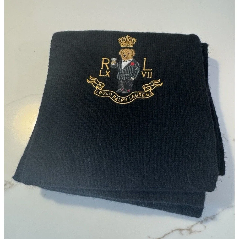 Polo Ralph Lauren Wool Cashmere Knit Scarf Polo Bear Tuxedo Martini Glass Black